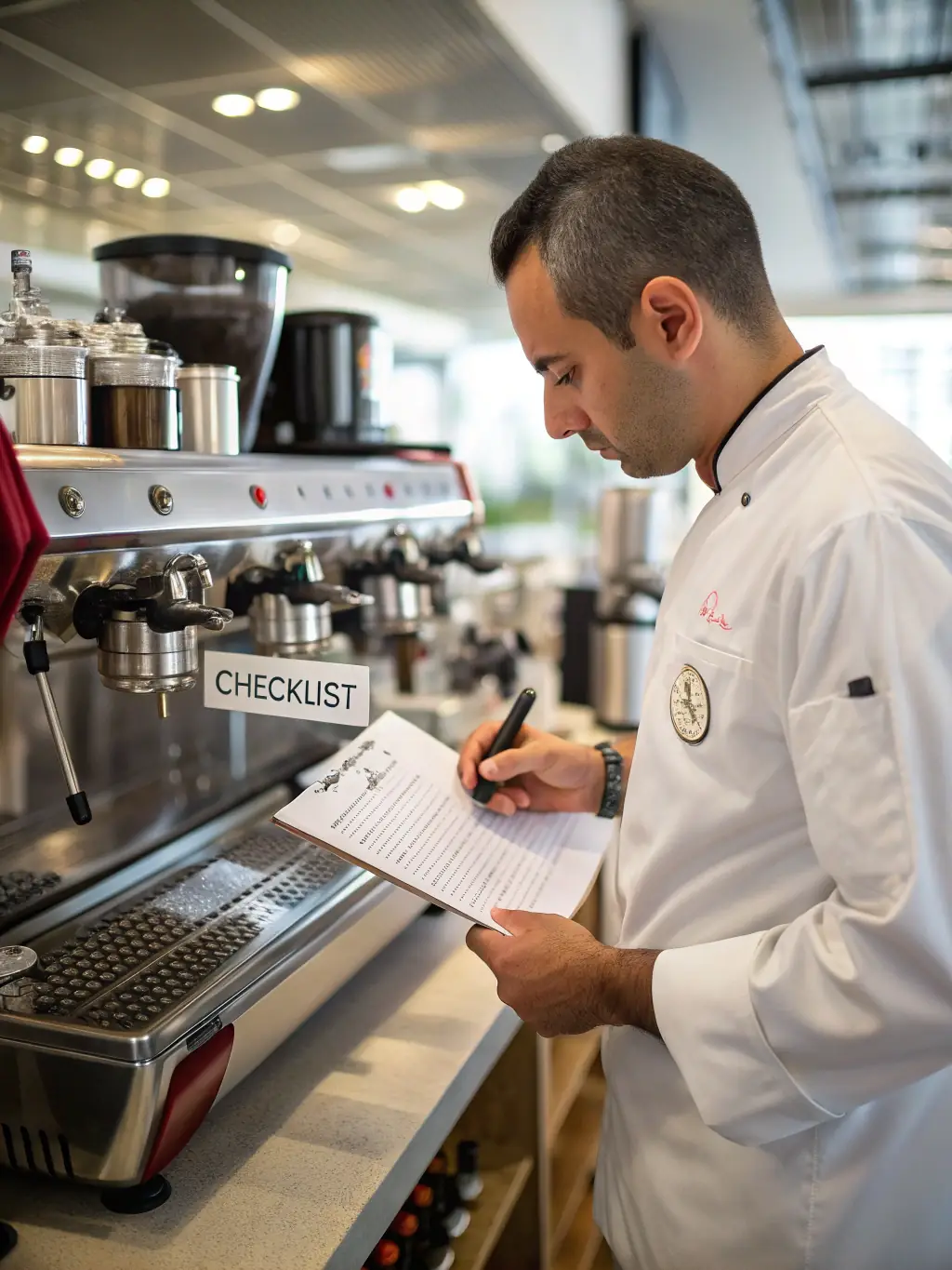 A technician in a clean uniform inspecting the internal components of a commercial coffee machine, with a checklist in hand, in a brightly lit commercial kitchen.